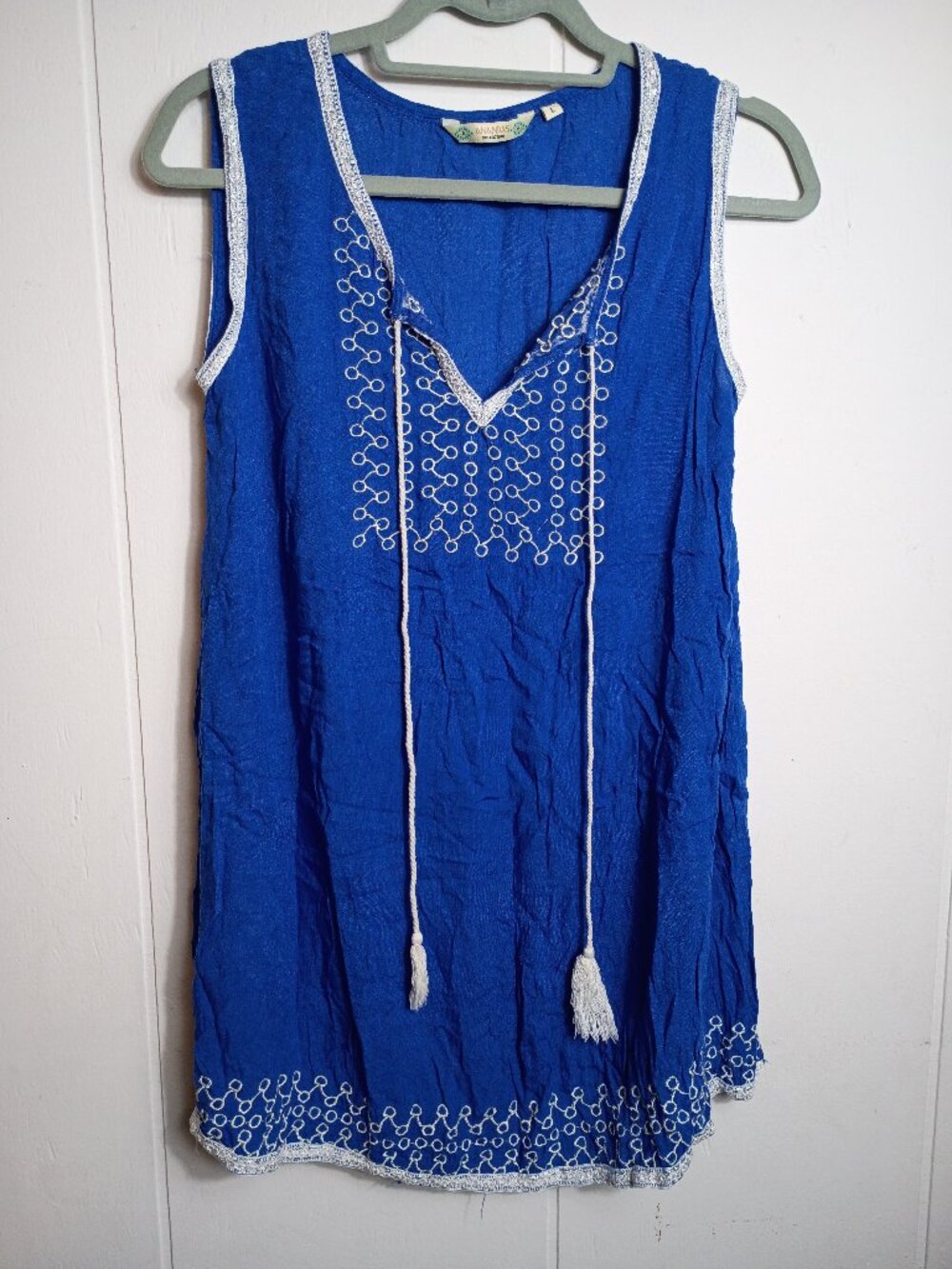 Anandas Bright Blue White Floral Boho V-Neck Tassle Tank Tunic Top Women's Large